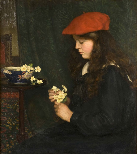 Portrait of a girl, seated, in a red beret