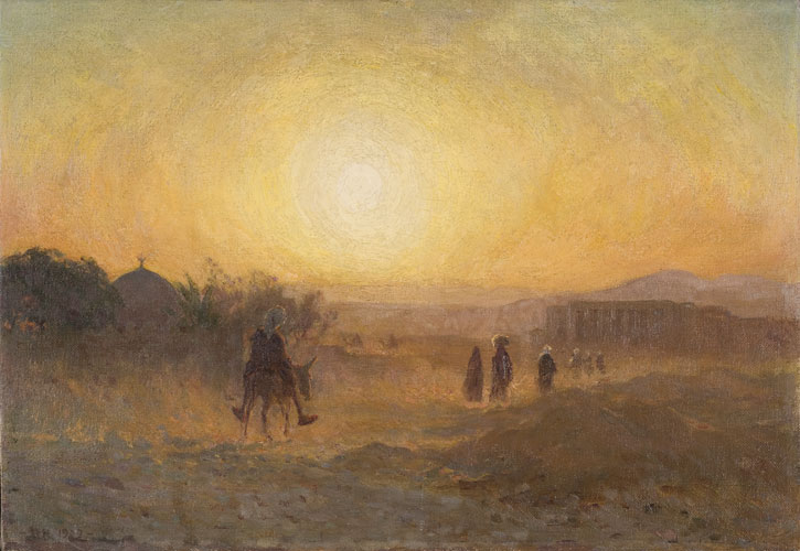 Man on donkey with sunset
